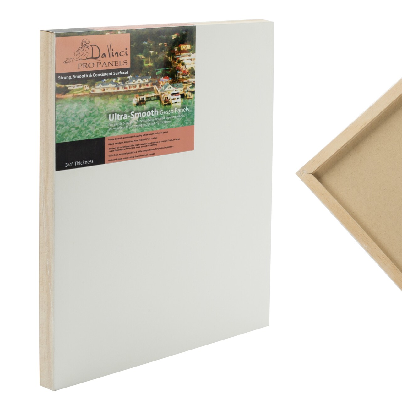 Da Vinci Pro Ultra Smooth Wood Canvas Gesso Board - 3/4" Deep, 12x12" Single White Acrylic Polymer Gesso Panels for Painting Fine Portraits and Ultra Fine Detail Illustrations and Artwork